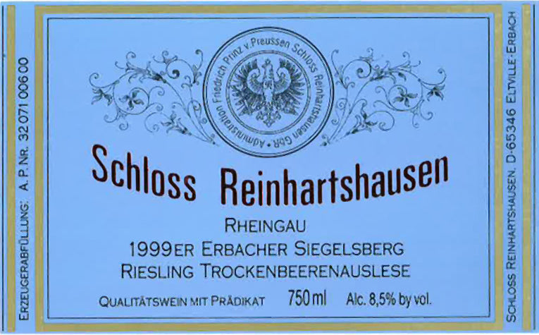 Schloss Reinhartshausen 1999 Erbach Siegelsberg Riesling Trockenbeerenauslese (0,75l)
