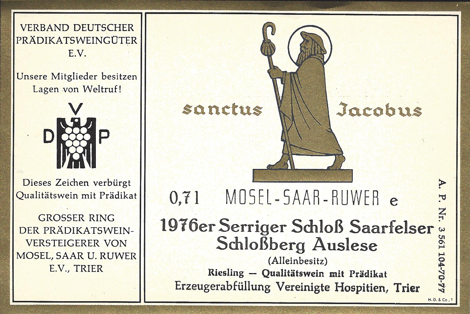 Vereinigte Hospitien - 1976 Serriger Schloss Saarfelder Schlossberg Riesling Auslese Goldkapsel white wine